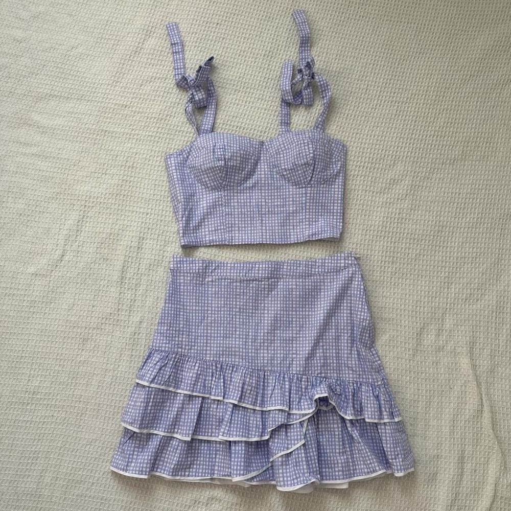 New Lilly Pulitzer Rosalie mini skirt and crop top lilac gingham set - Picture 3 of 5